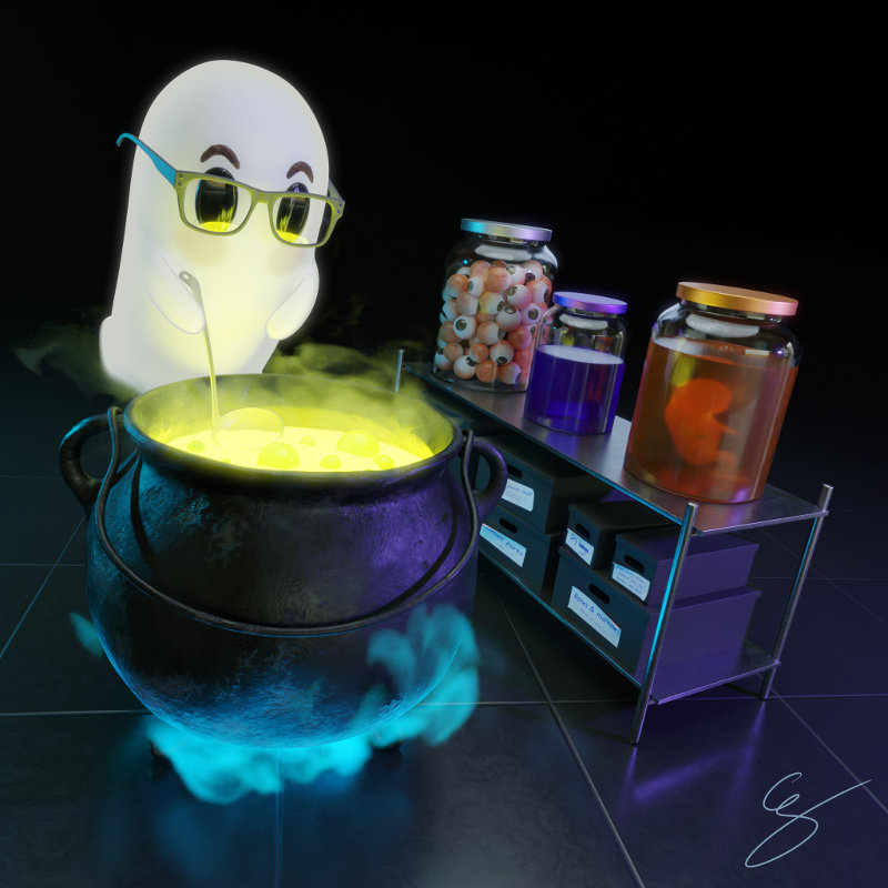 3D scene I made for Halloween in 2020. Ghostie, a ghost with glasses, is preparing a mysterious smoky bright green potion.